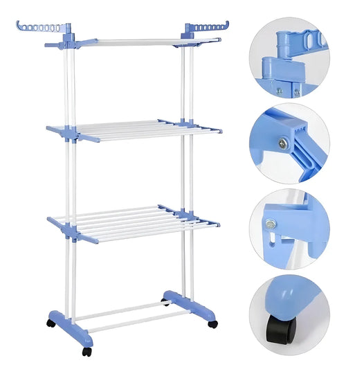 Tender Vertical 3 Niveles De Pie Colgador Ropa Con Ruedas Portatil Color Blanco Y Azul SmartHome