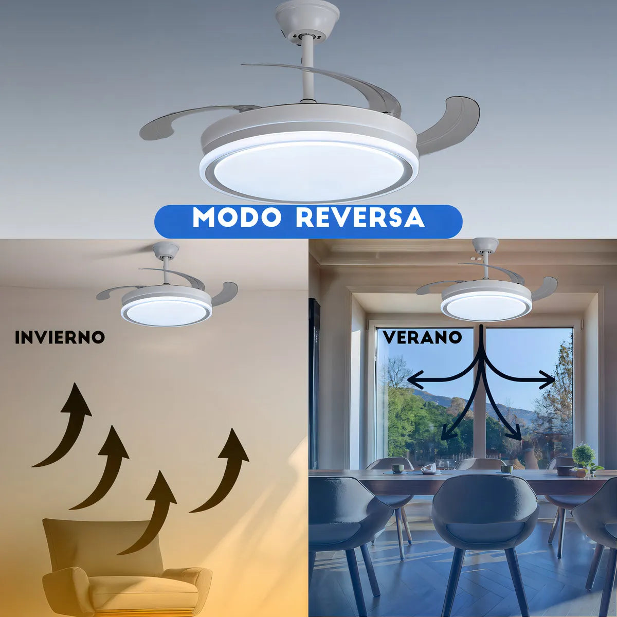 Ventilador Vitta De Techo Retractil C/luz Calida Y Fria 6 Velocidades 4 Aspas Blanco Diámetro 46Cm Smarthome