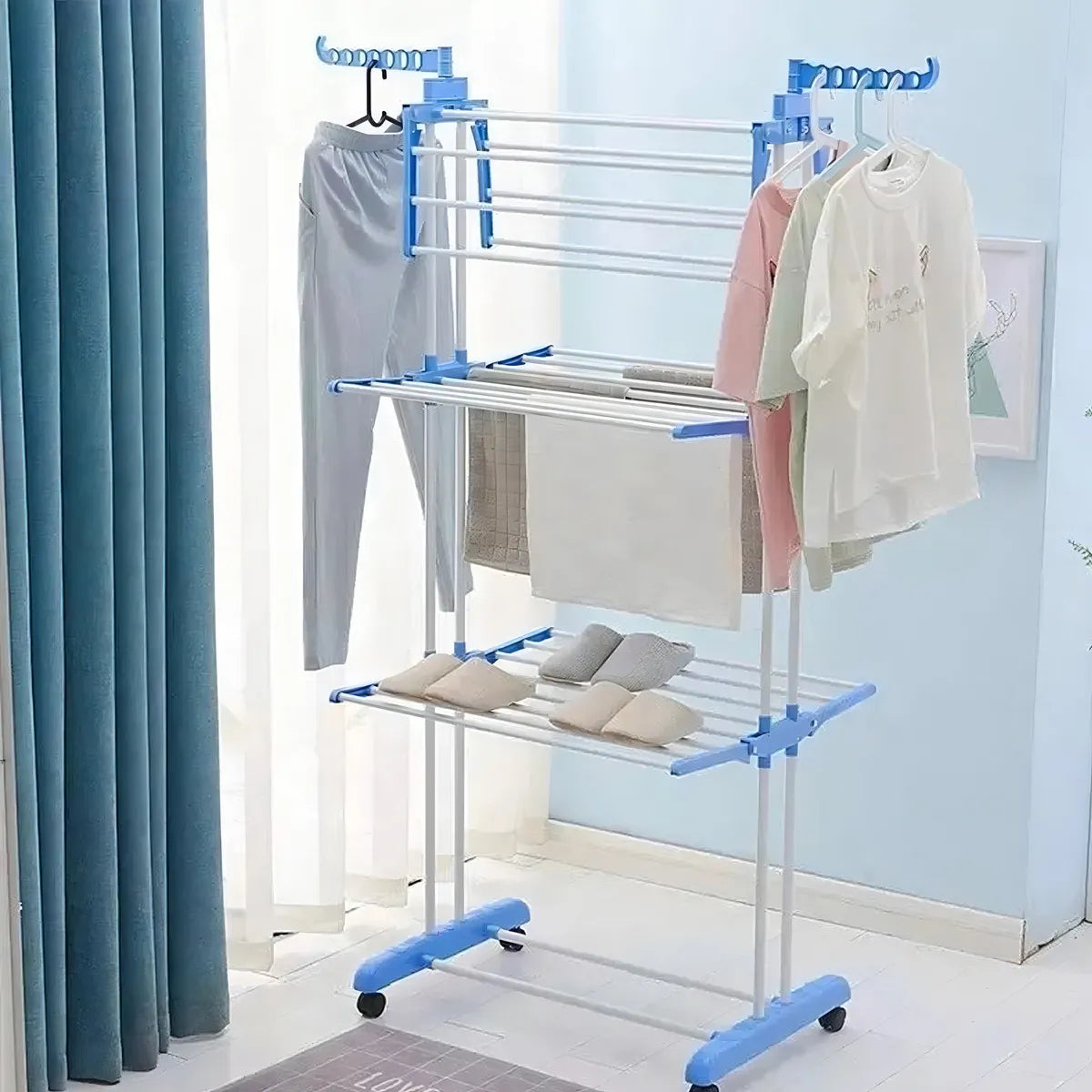 Tender Vertical 3 Niveles De Pie Colgador Ropa Con Ruedas Portatil Color Blanco Y Azul SmartHome