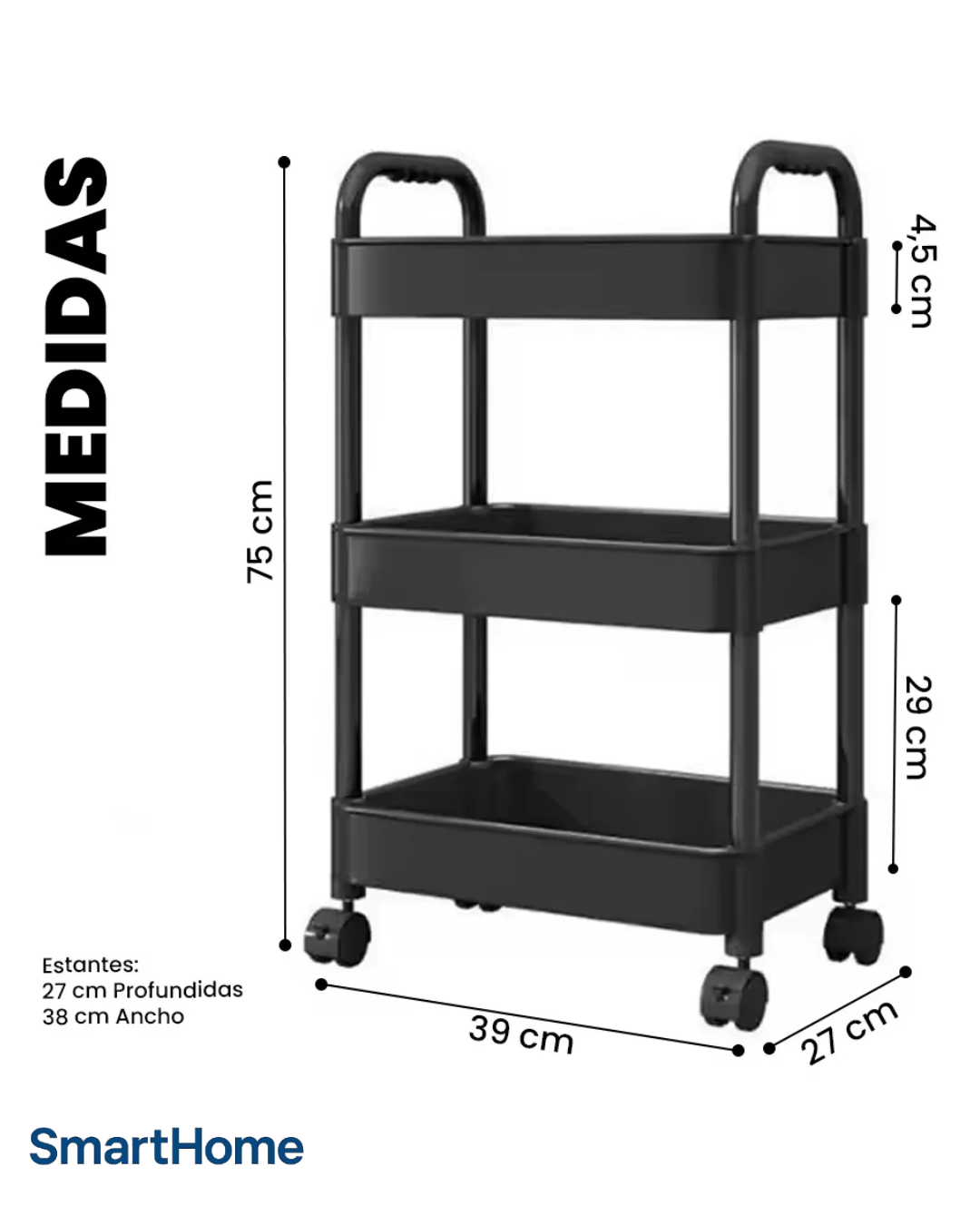 Carrito Organizador Auxiliar Multiuso Cocina Estantes Ruedas Smarthome